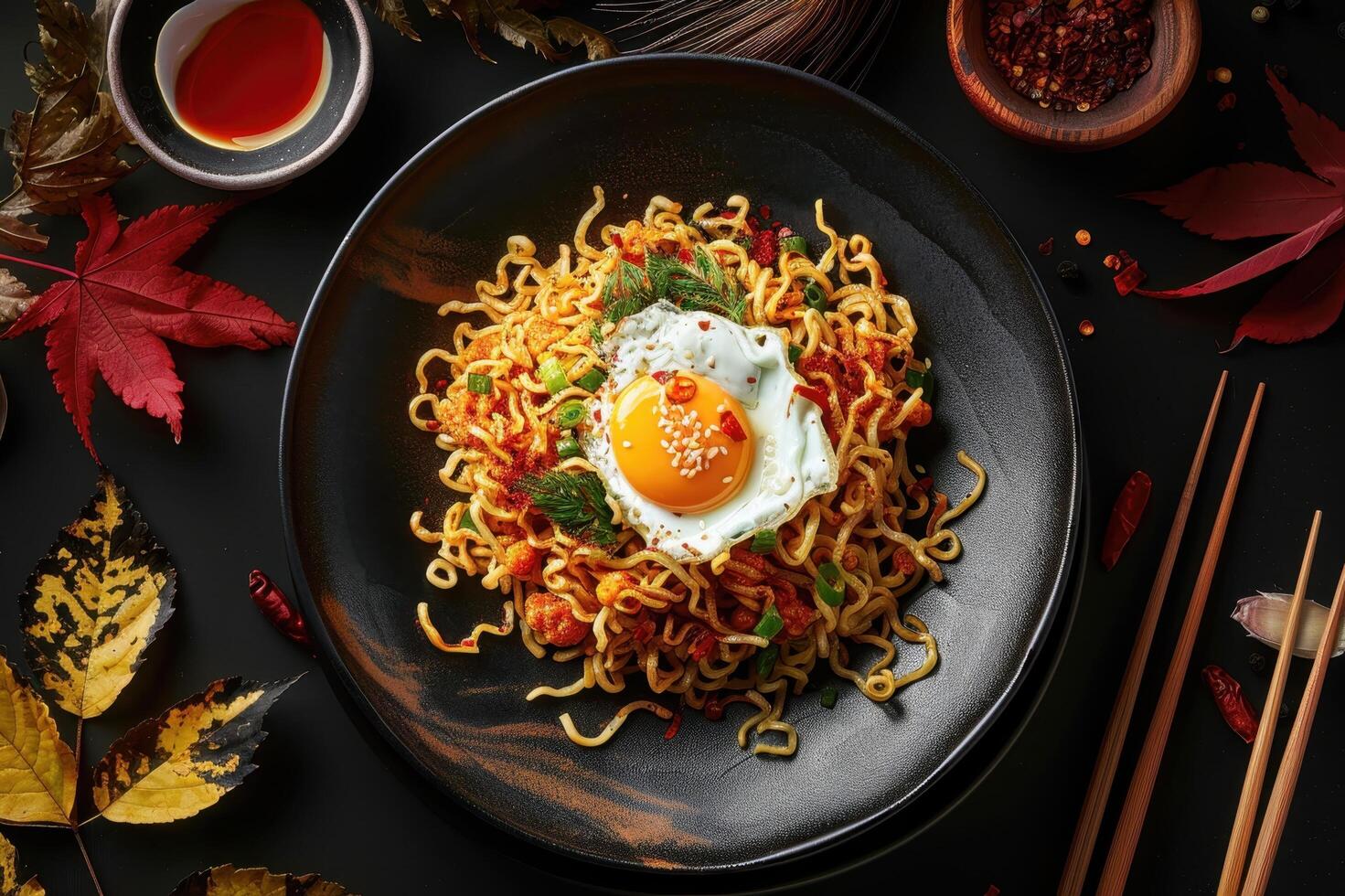 Spicy Noodles with Fried Egg and Sesame Seeds photo
