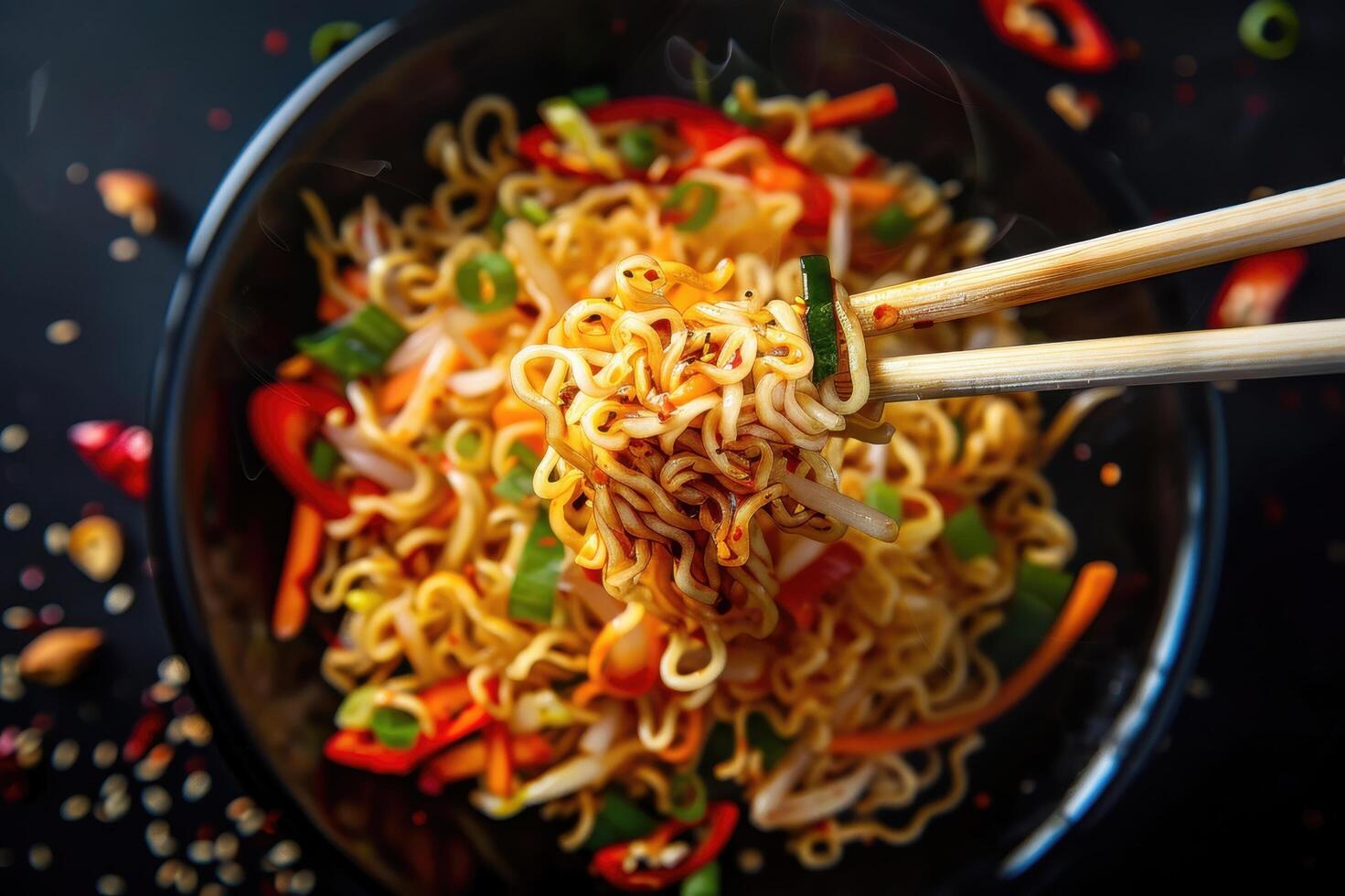 Steaming Noodles with Chopsticks and Vegetables in a Bowl photo