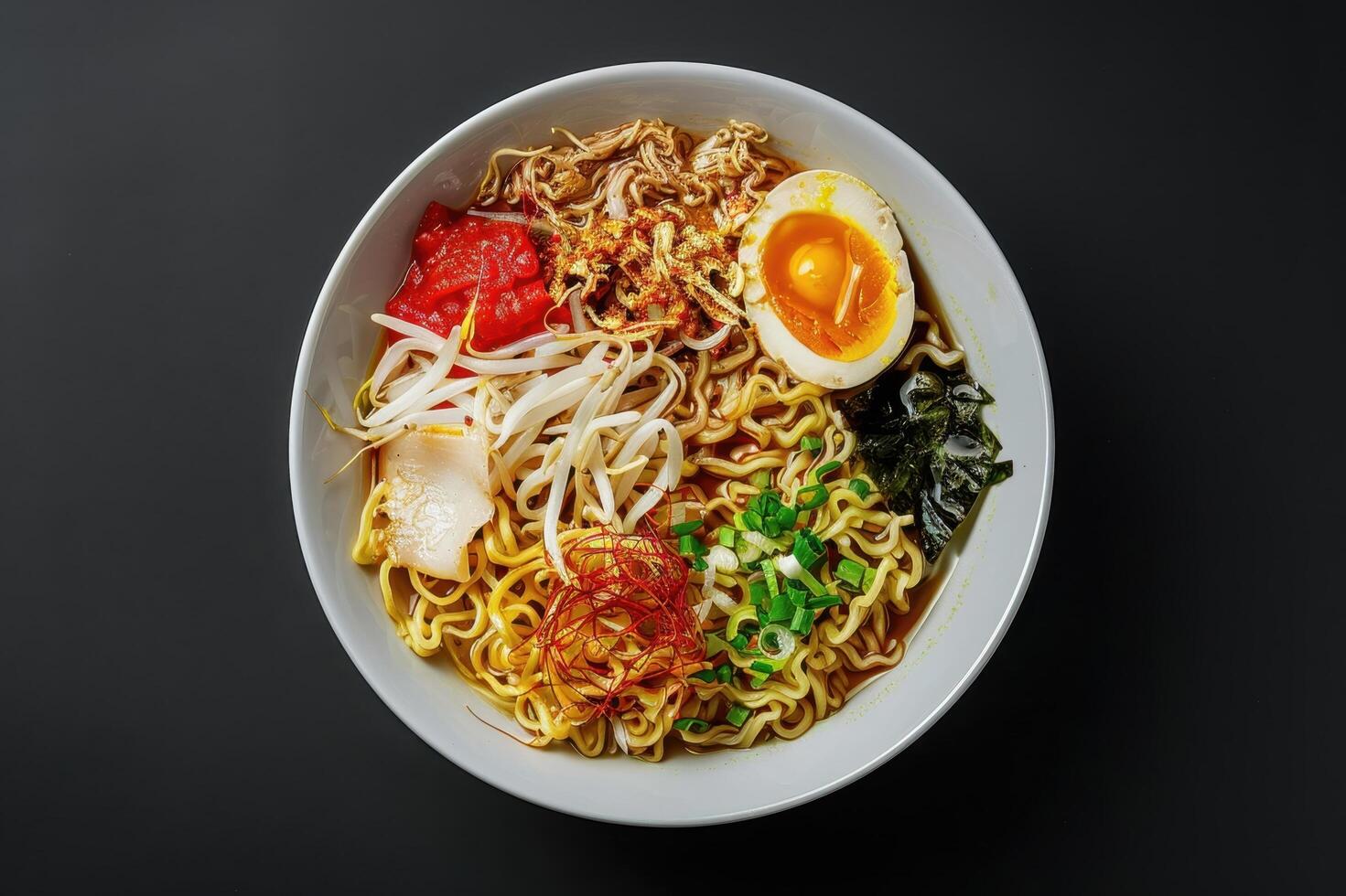 Bowl of Ramen Noodles with Egg, Bean Sprouts, and Seaweed photo