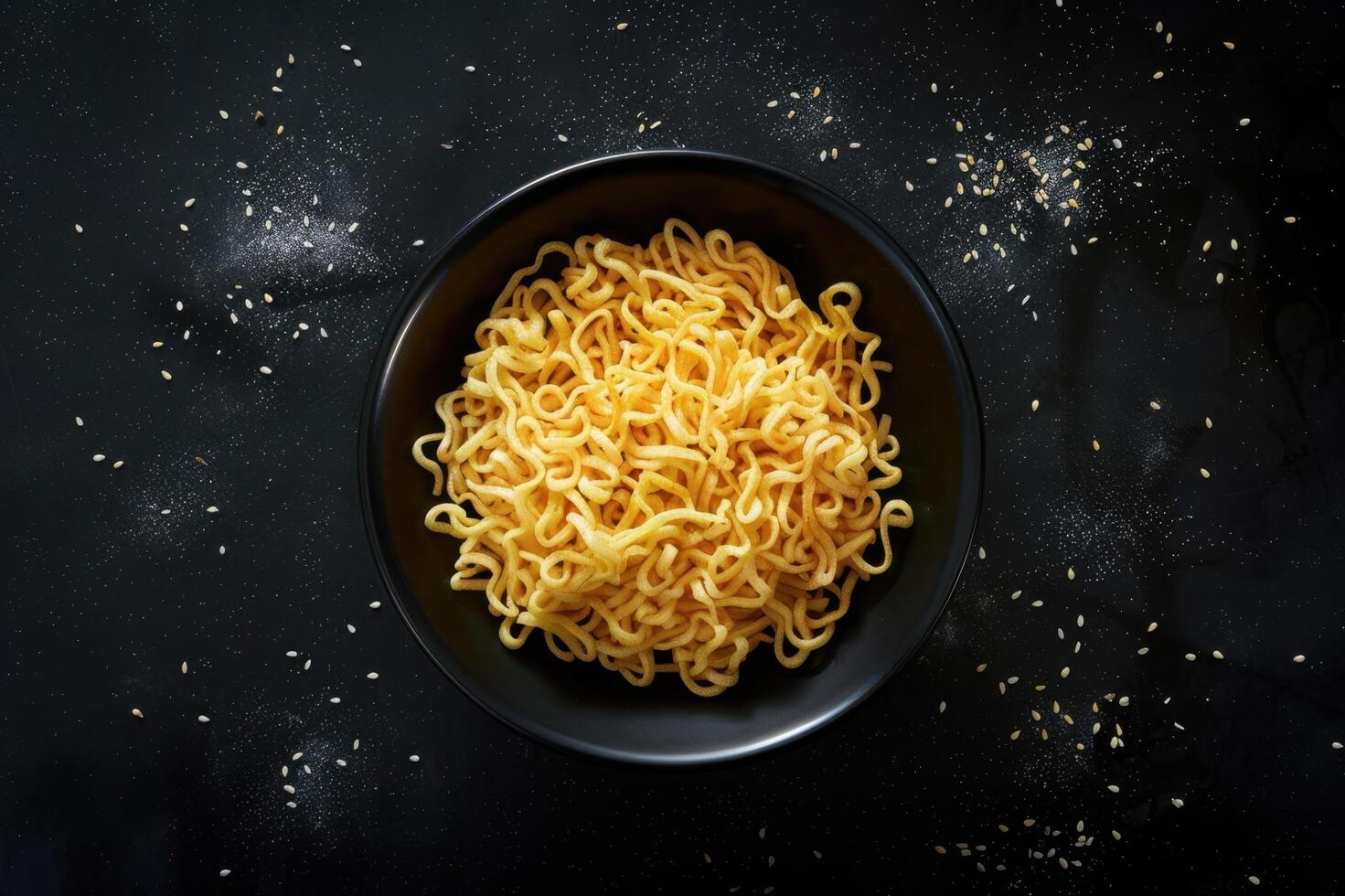 A Bowl of Noodles on a Black Surface with Sesame Seeds Scattered Around photo