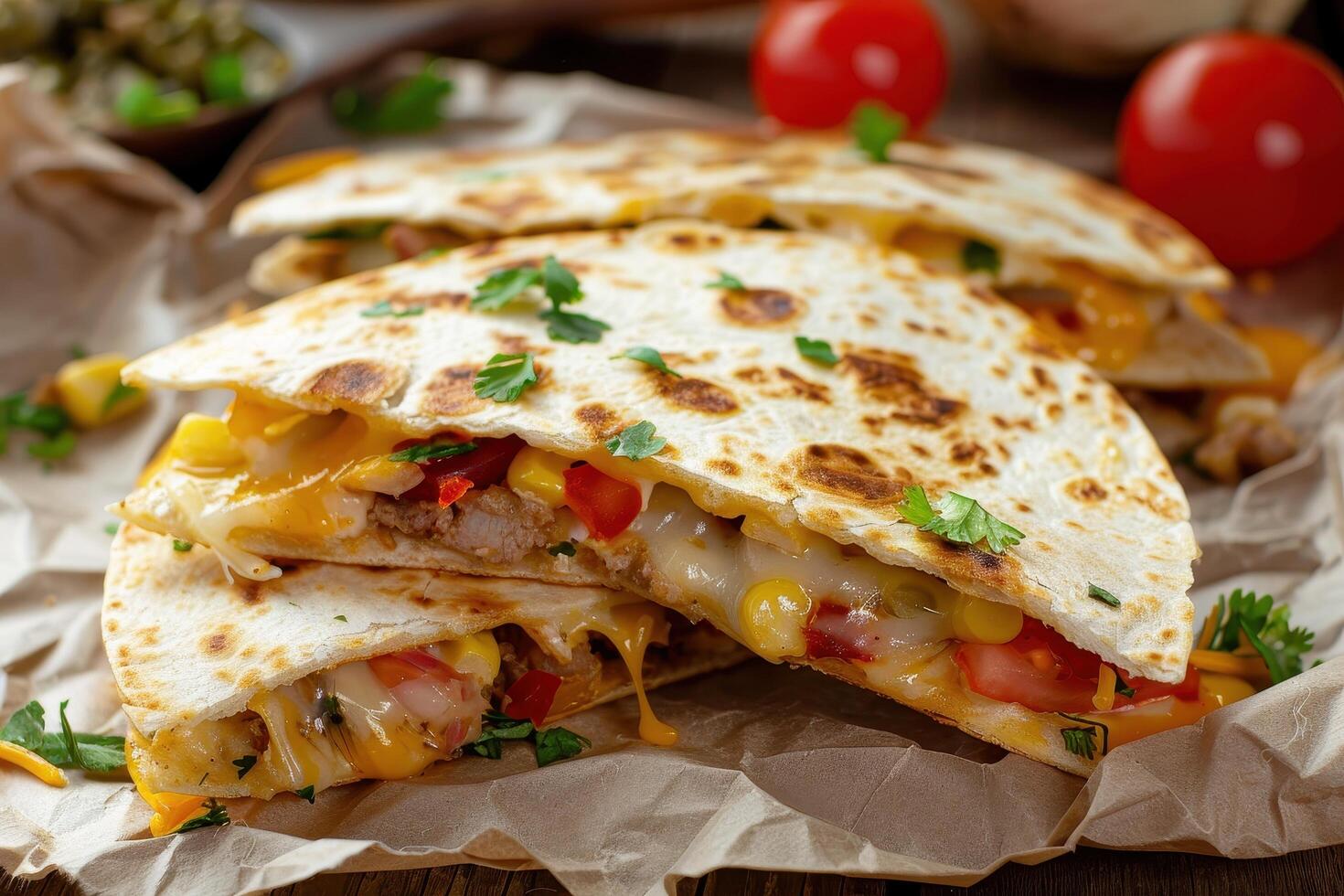 Close-up of Cheesy Quesadillas with Melted Cheese and Vegetables photo