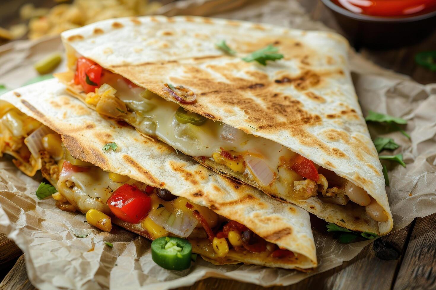 Two Golden-Brown Quesadillas Filled with Melted Cheese, Peppers, Corn, and Onions photo