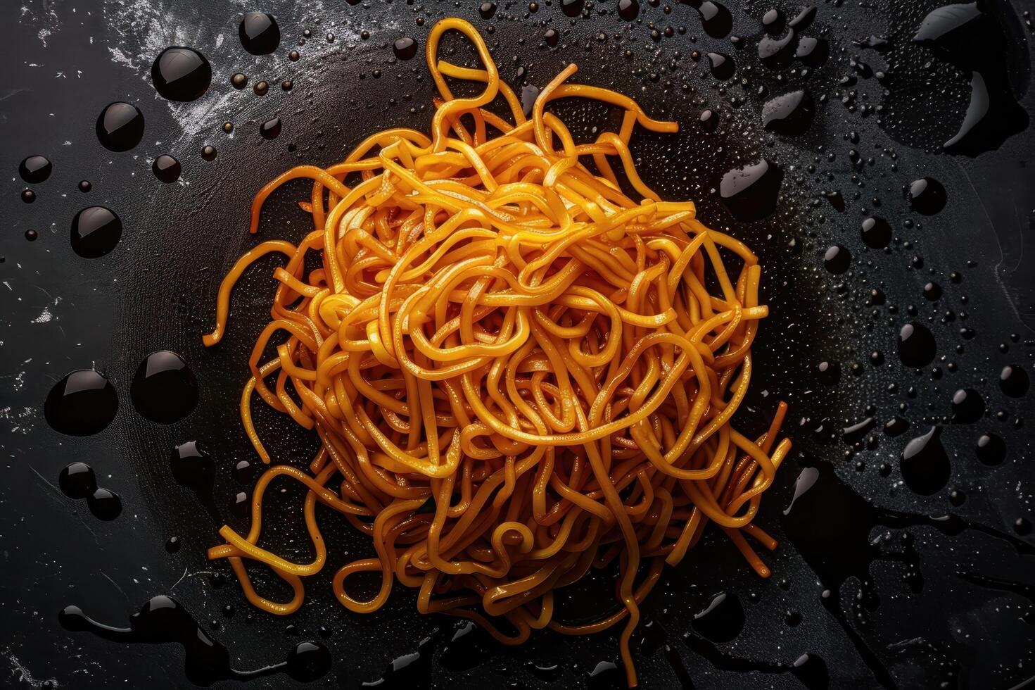 Golden Noodles with Spilled Soy Sauce on a Black Background photo