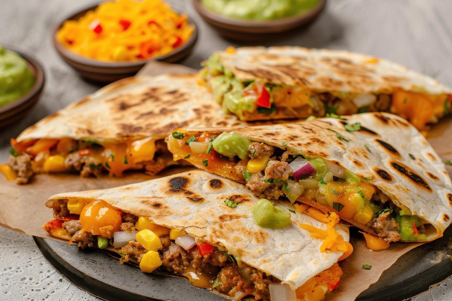 Closeup of Four Deliciously Filled Quesadillas with Guacamole and Pico de Gallo photo