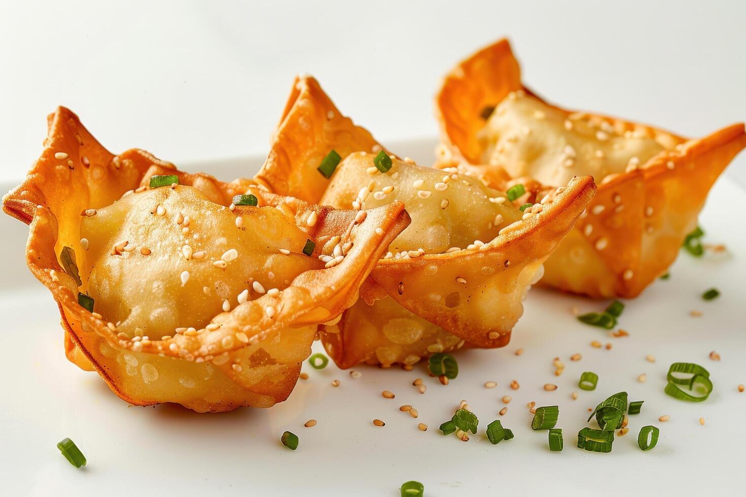 Three Crispy Fried Wontons with Sesame Seeds and Green Onions photo