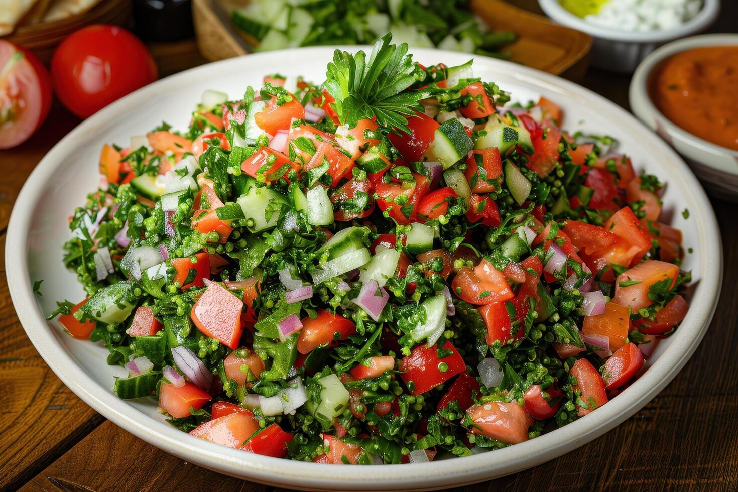 Fresh Tabbouleh Salad with Tomatoes, Cucumbers, and Parsley photo