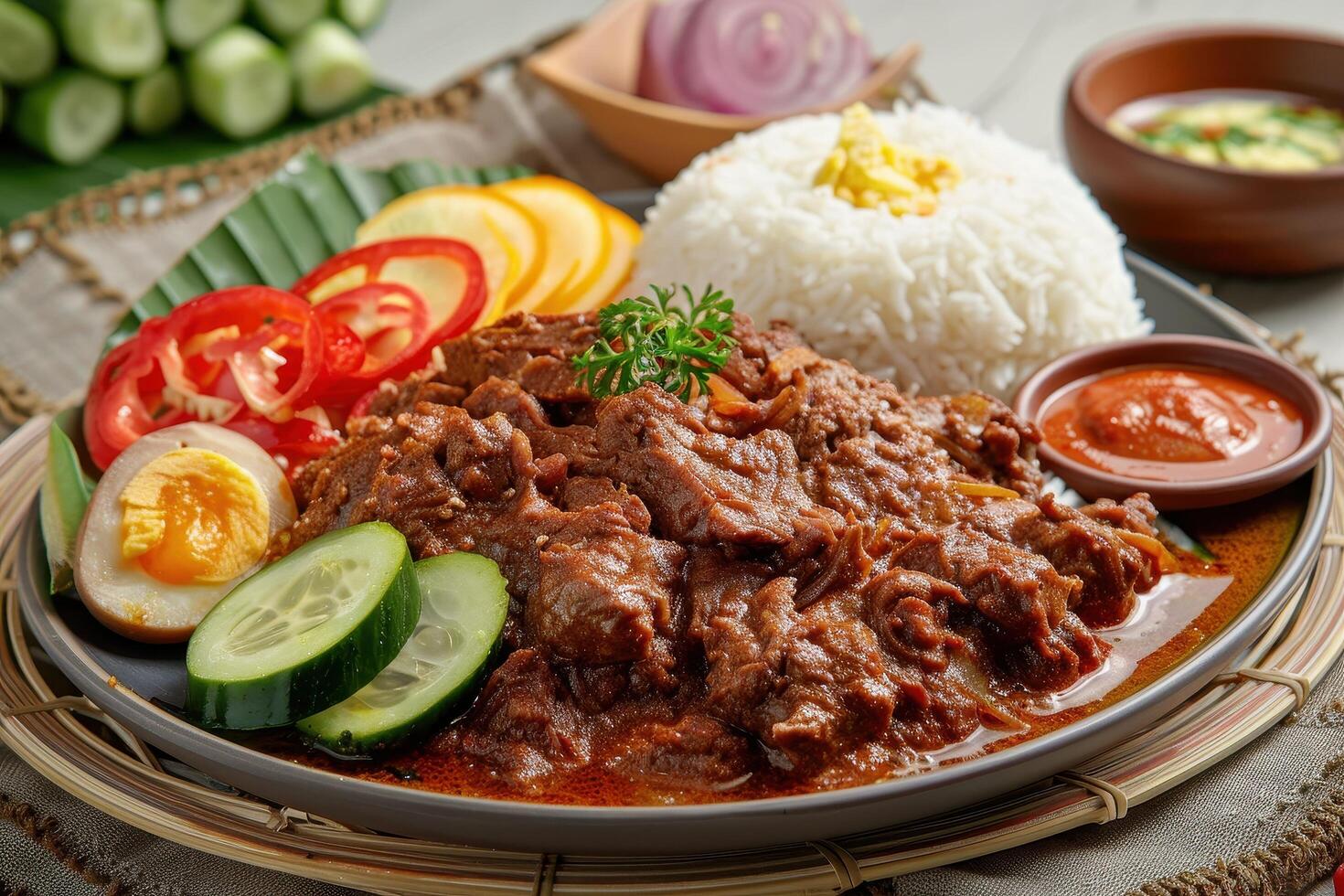 Beef Stew with Rice, Cucumber, and Red Pepper Garnishes photo