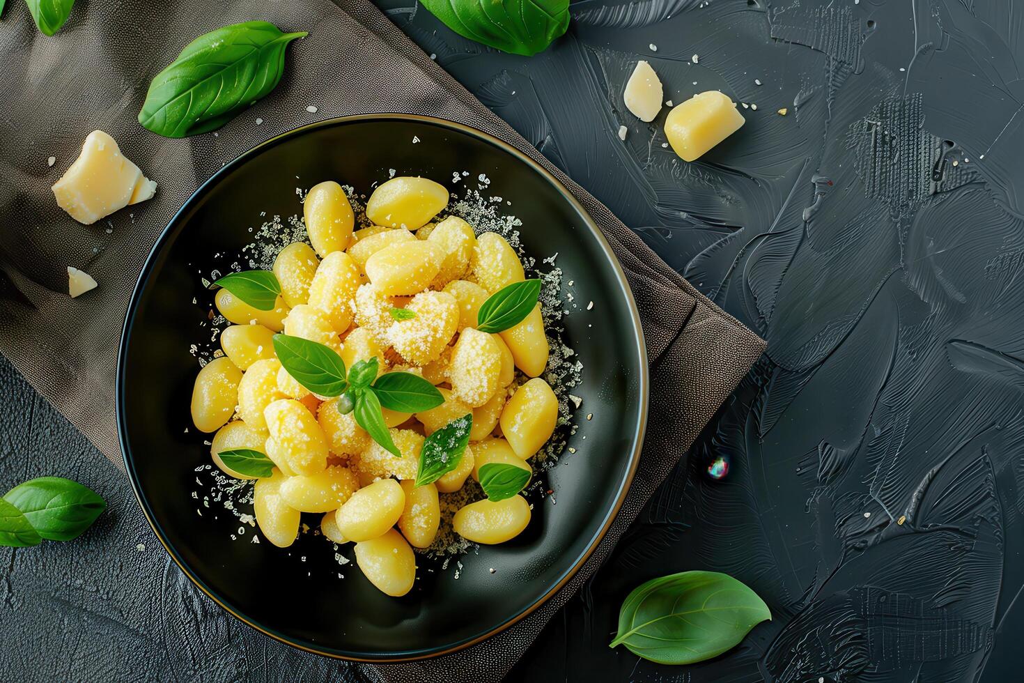 Gnocchi with Parmesan Cheese and Basil on a Black Plate photo