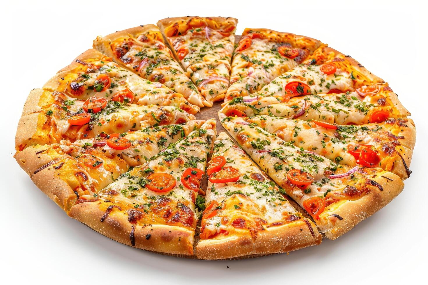 Sliced Pizza with Tomato and Cheese Toppings photo