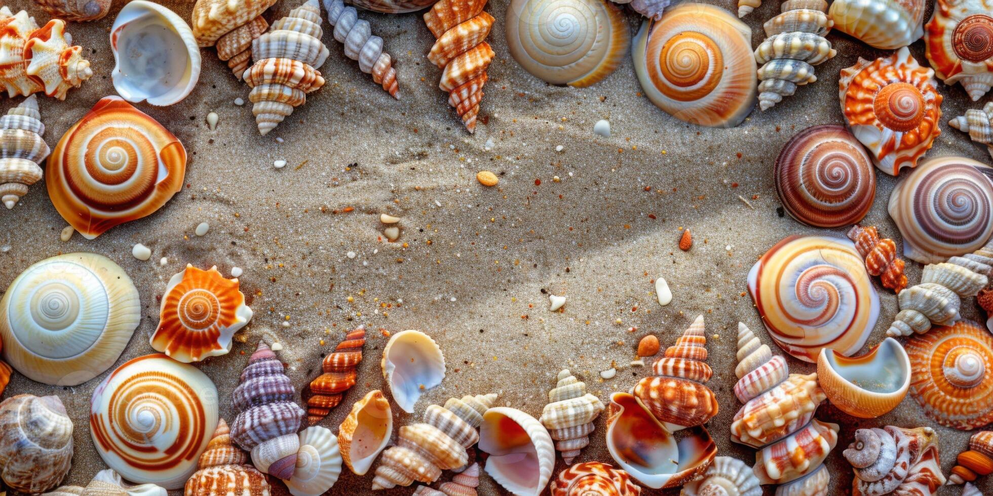 Top view of spiral shells scattered on a sandy beach photo