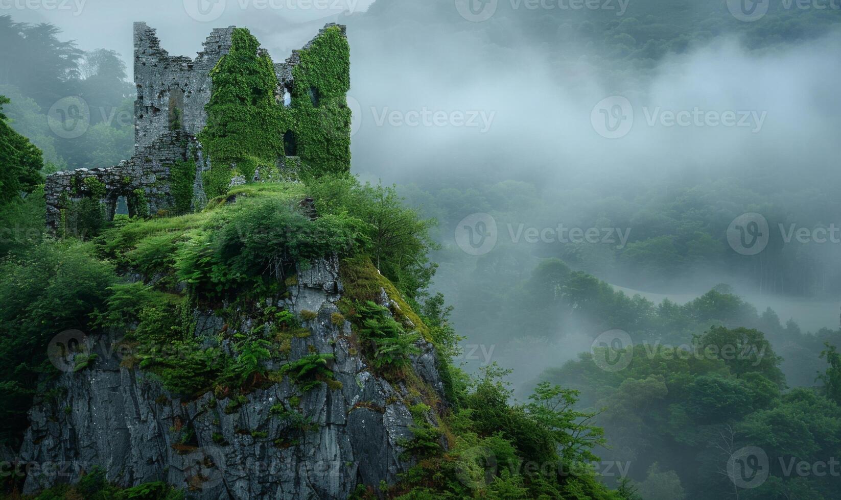 Ancient castle ruins covered in ivy, high on a hill with a misty forest in the background photo