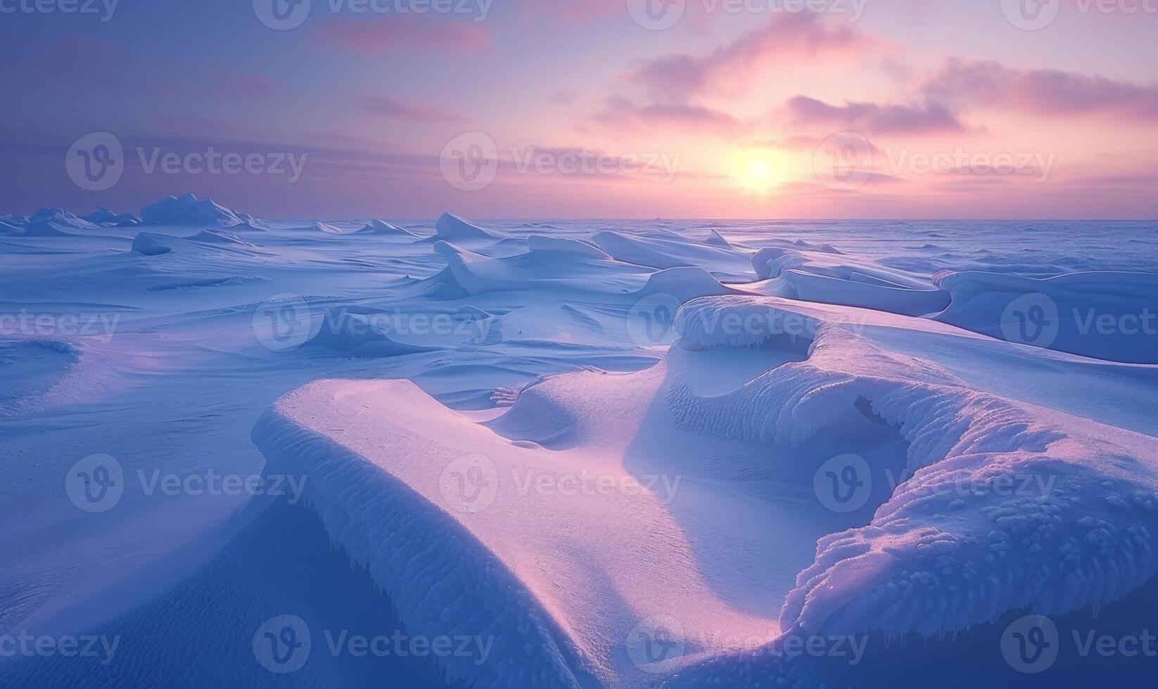 Snow-covered Arctic tundra at the North Pole, dotted with icy formations and bathed in soft polar twilight photo
