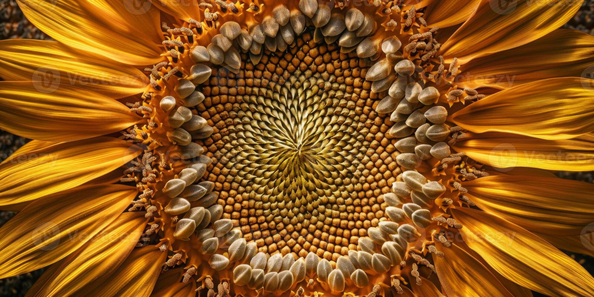 Symmetrical pattern of sunflower seeds in a sunflower head photo