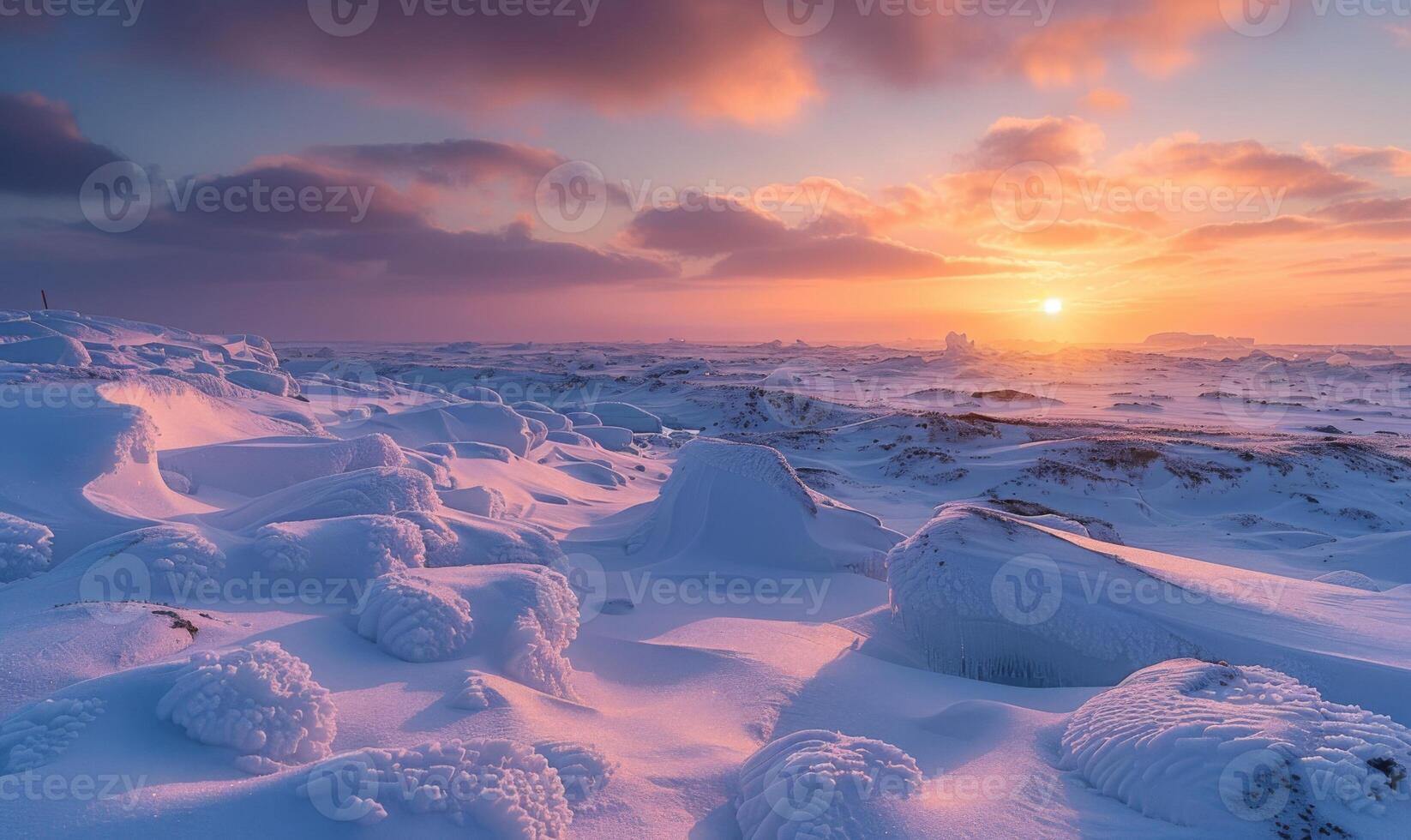 Snow-covered Arctic tundra at the North Pole, dotted with icy formations and bathed in soft polar twilight photo