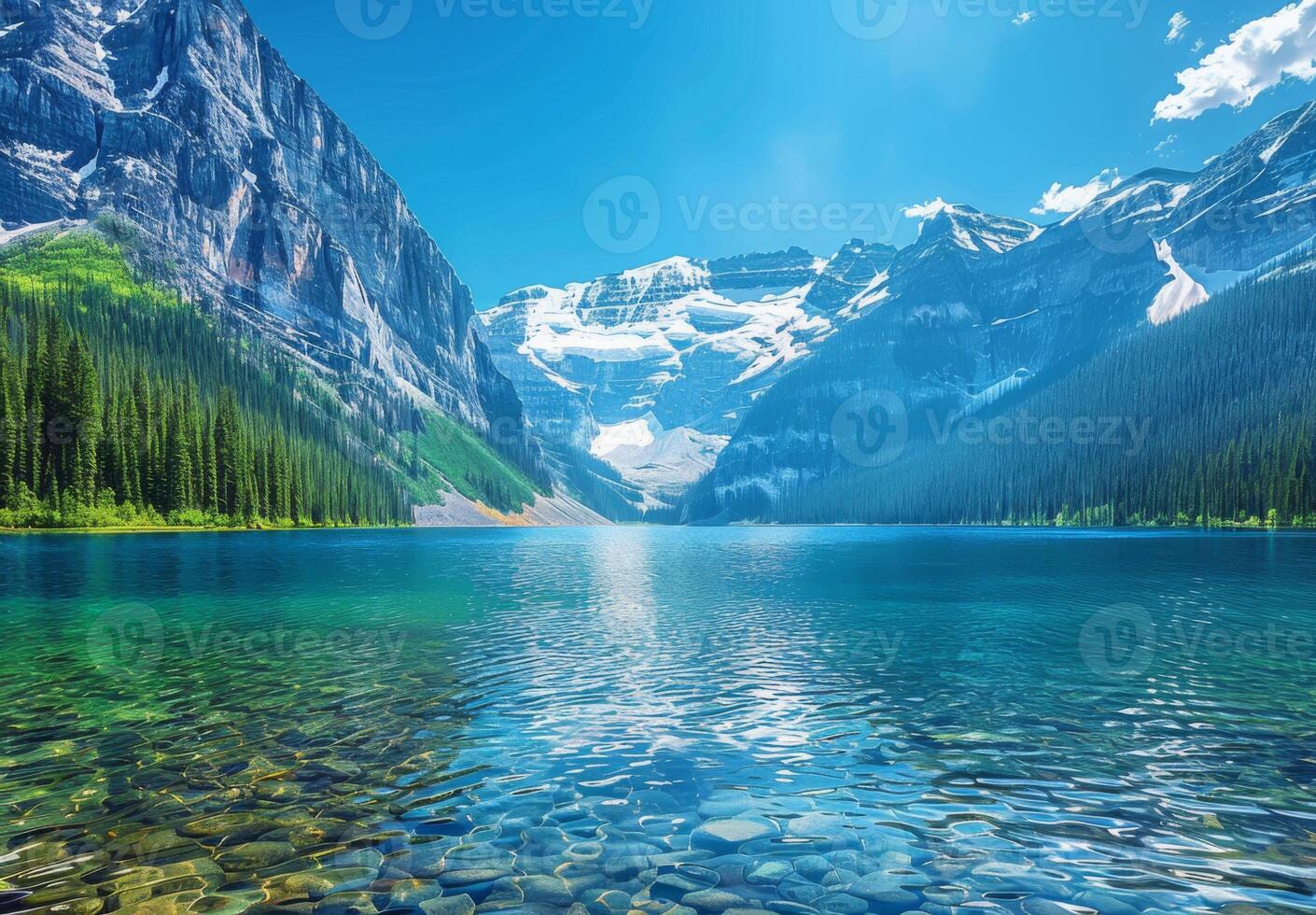 A serene lake surrounded by towering snow-capped mountains under a clear blue sky photo