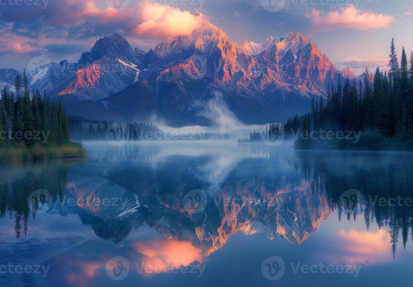A stunning mountain range reflected in a calm alpine lake at dawn, with mist rising from the water photo