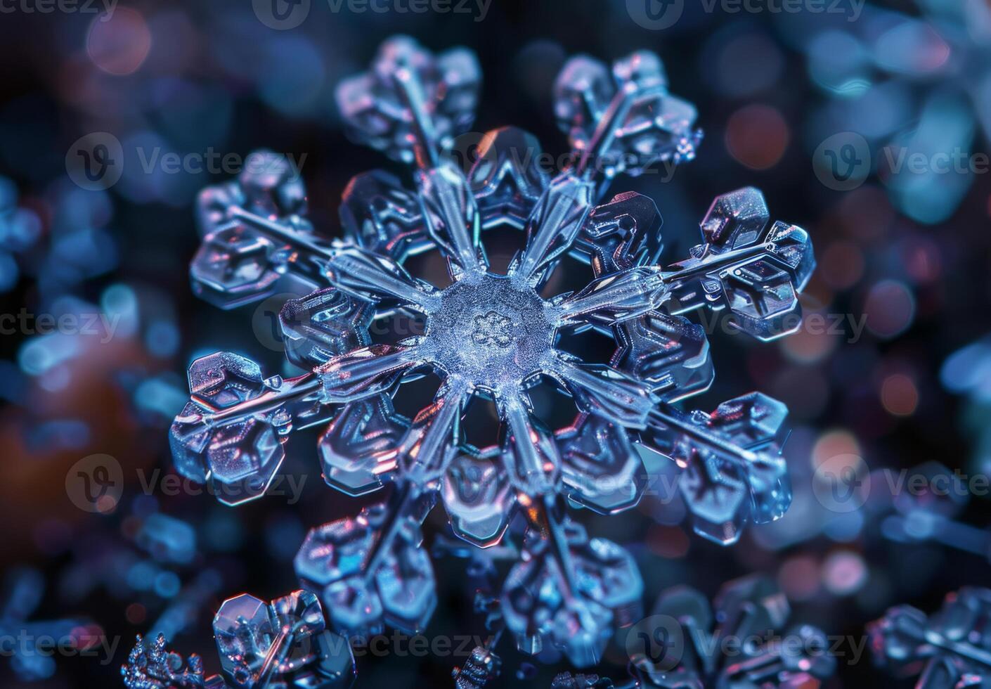 Extreme close-up macro photography of the intricate pattern of a snowflake photo
