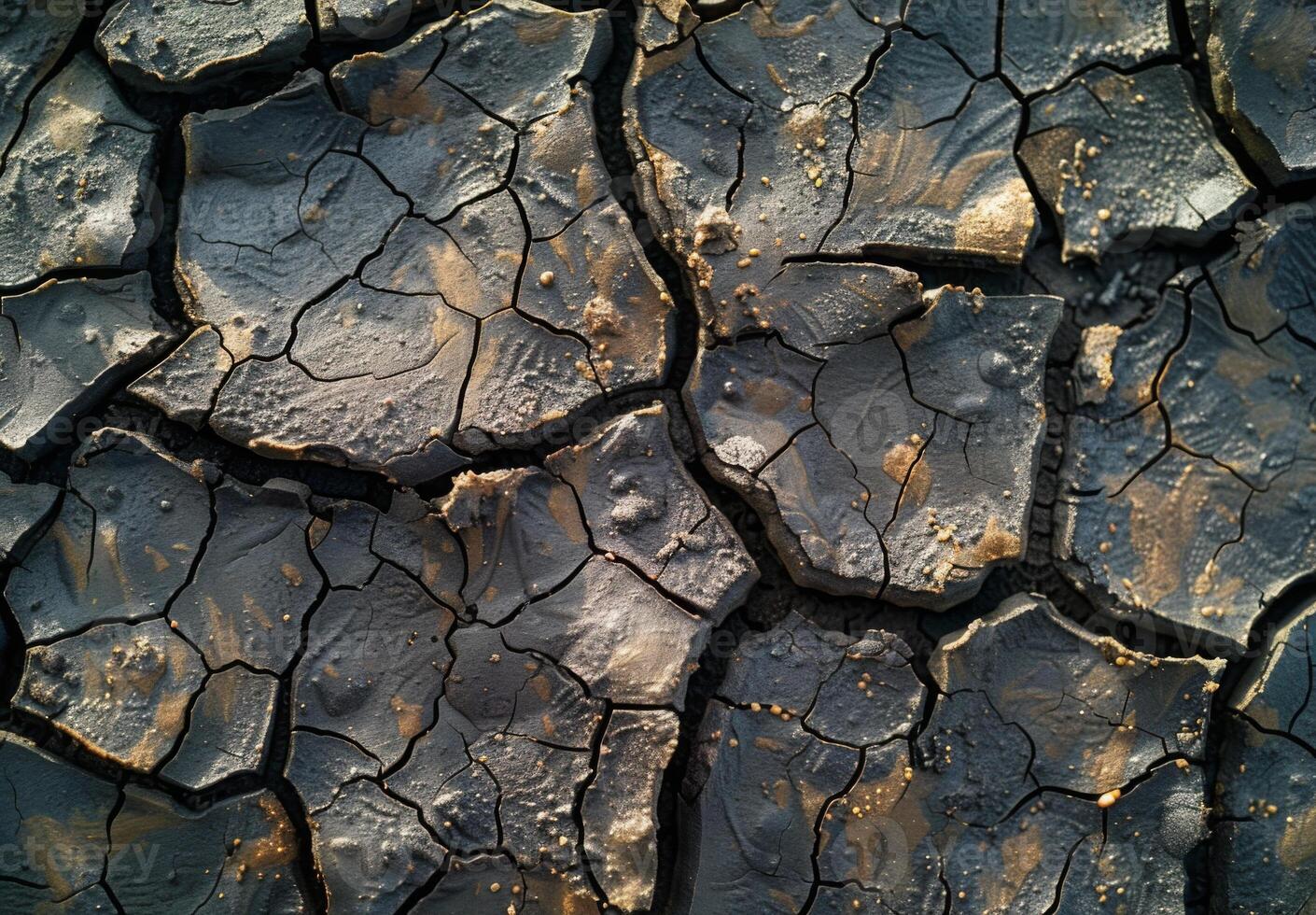Extreme close-up macro photography of the detailed pattern of cracked dry mud photo
