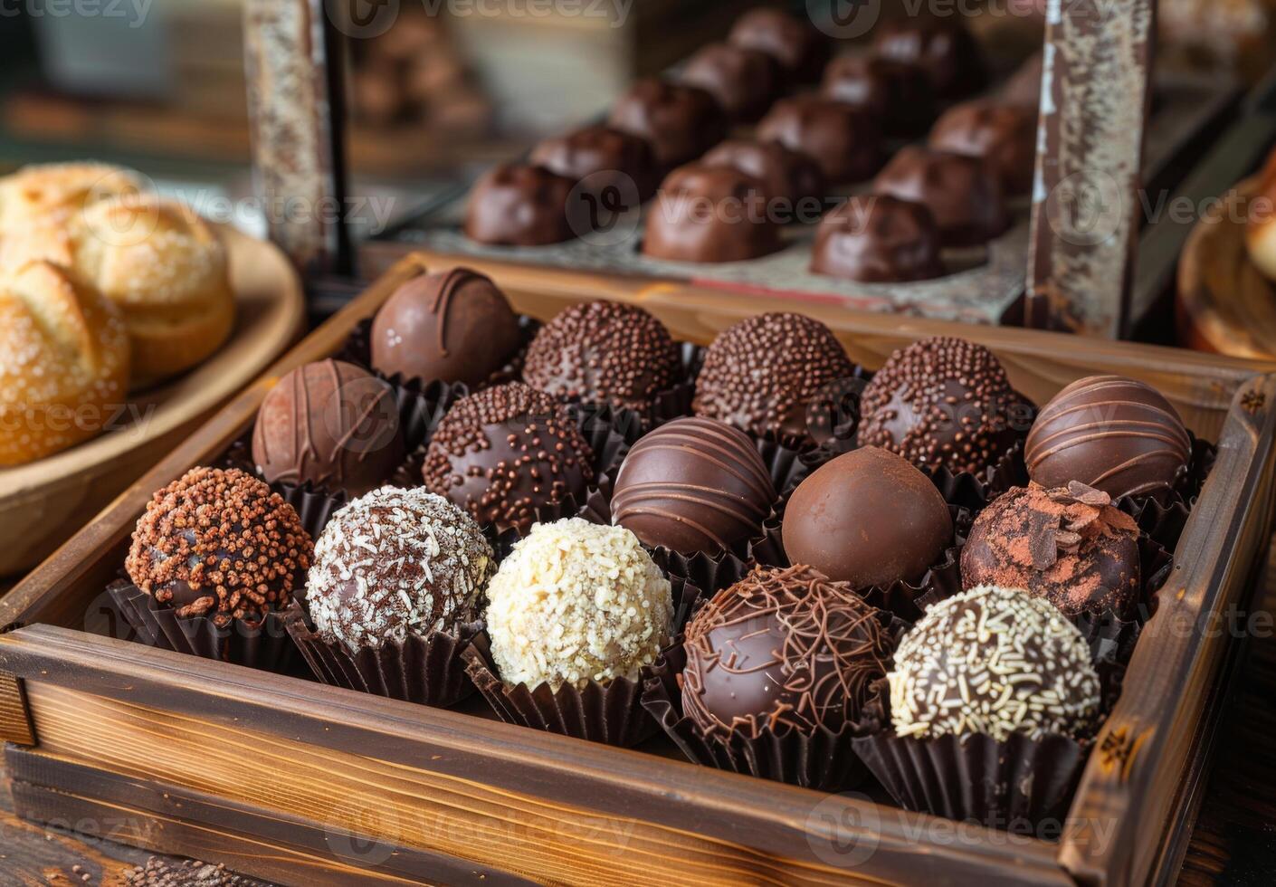 A luxurious display of chocolate truffles in assorted flavors and coatings, elegantly placed in a decorative box with a bakery backdrop photo