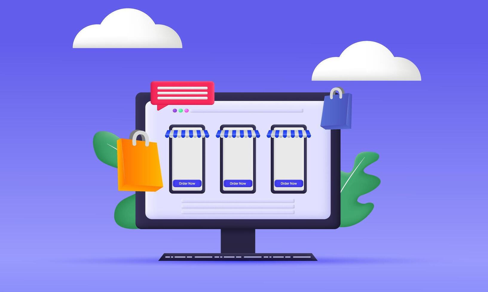 3d computer online shopping on application website new idea concept design vector