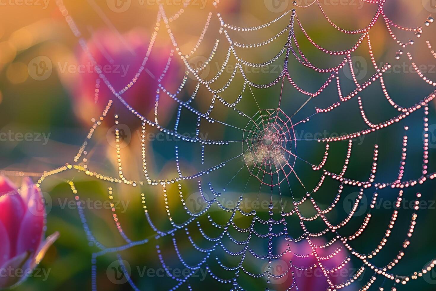 A macro photograph of a spider's web with morning dew, each droplet glistening in the light photo