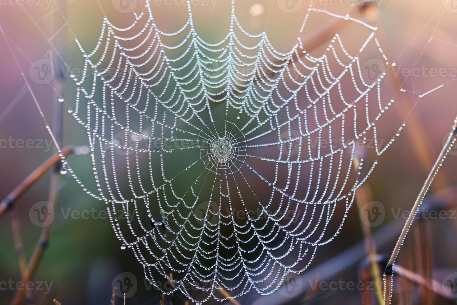 A macro photograph of a spider's web with morning dew, each droplet glistening in the light photo