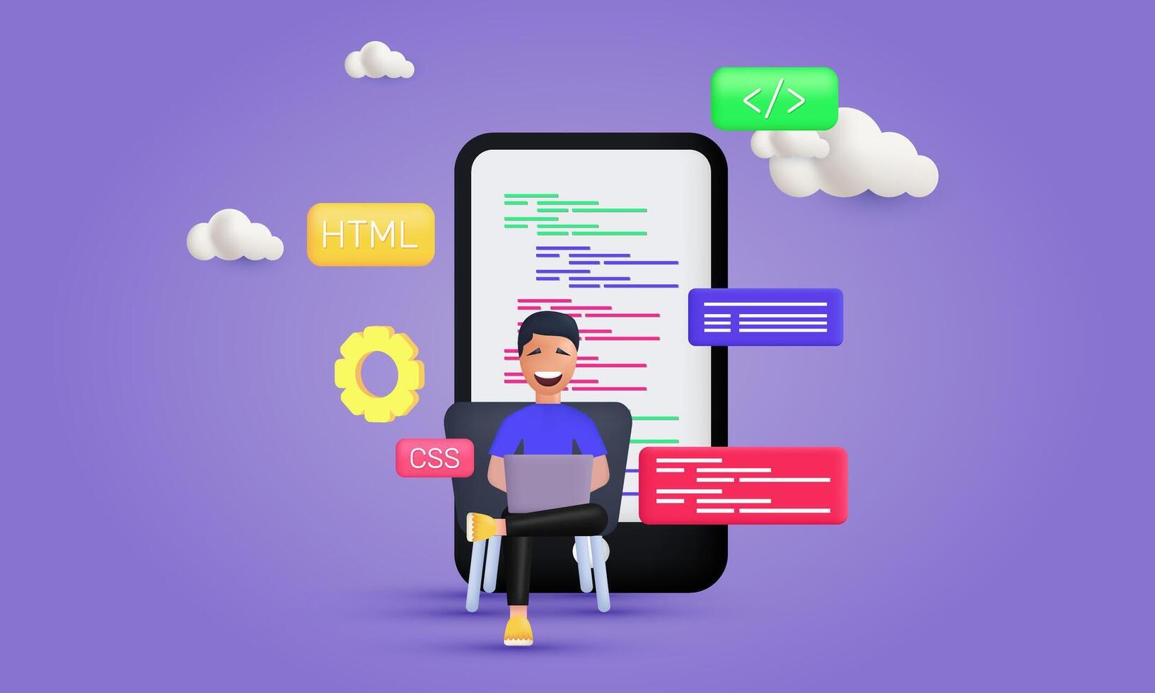 3d realistic mobile website programming coding web development influencer style design vector