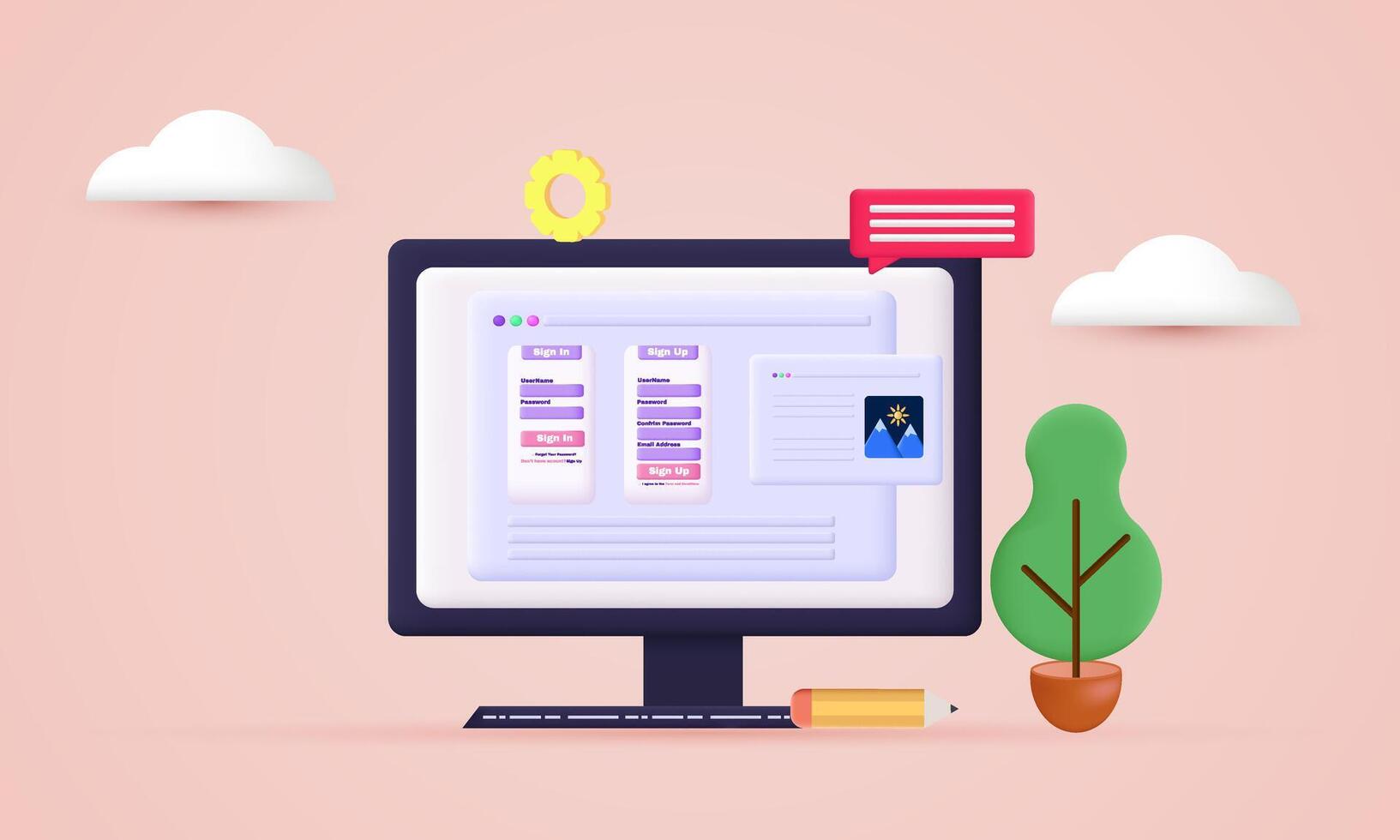 3d web illustrations computer open new idea concept design vector