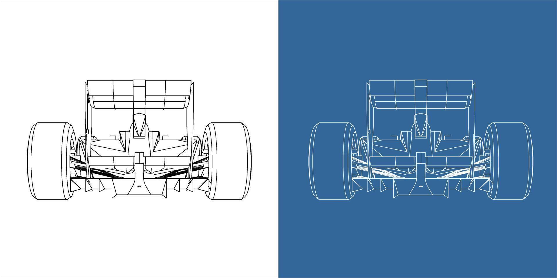 racing car line art draw blueprint wireframe from behind view. isolated on transparent background vector
