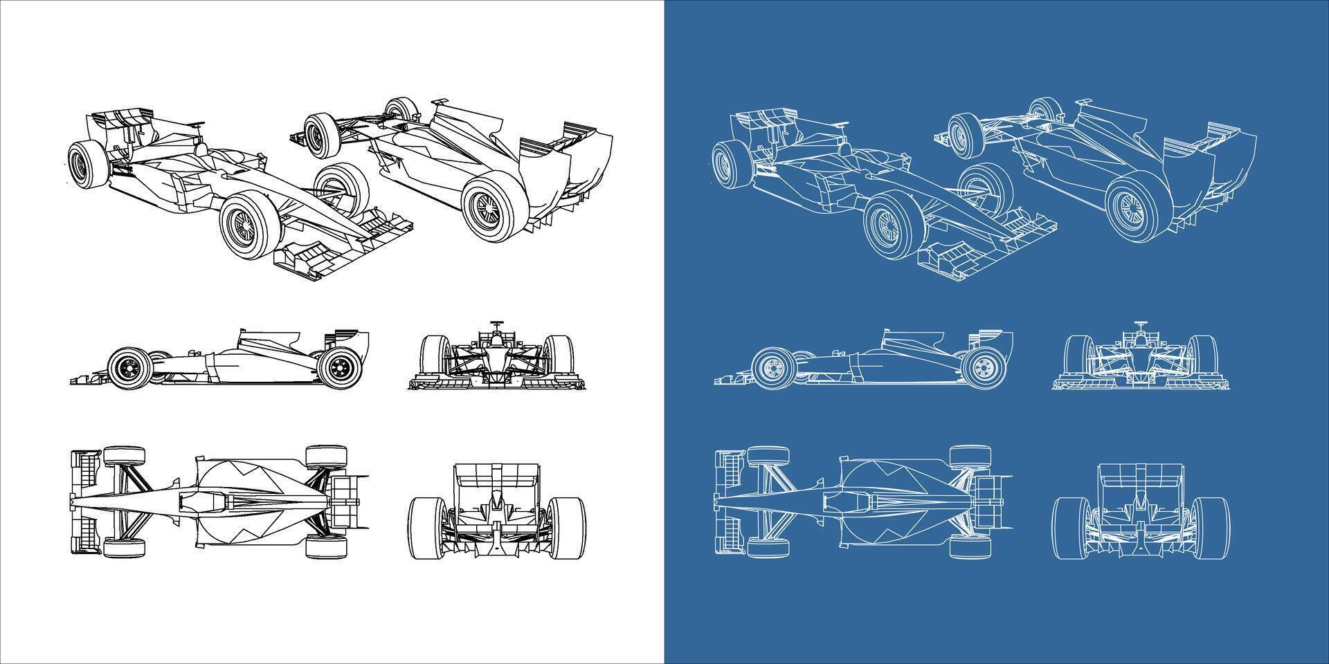 set of racing car line art draw blueprint wireframe from all side view. isolated on transparent background vector