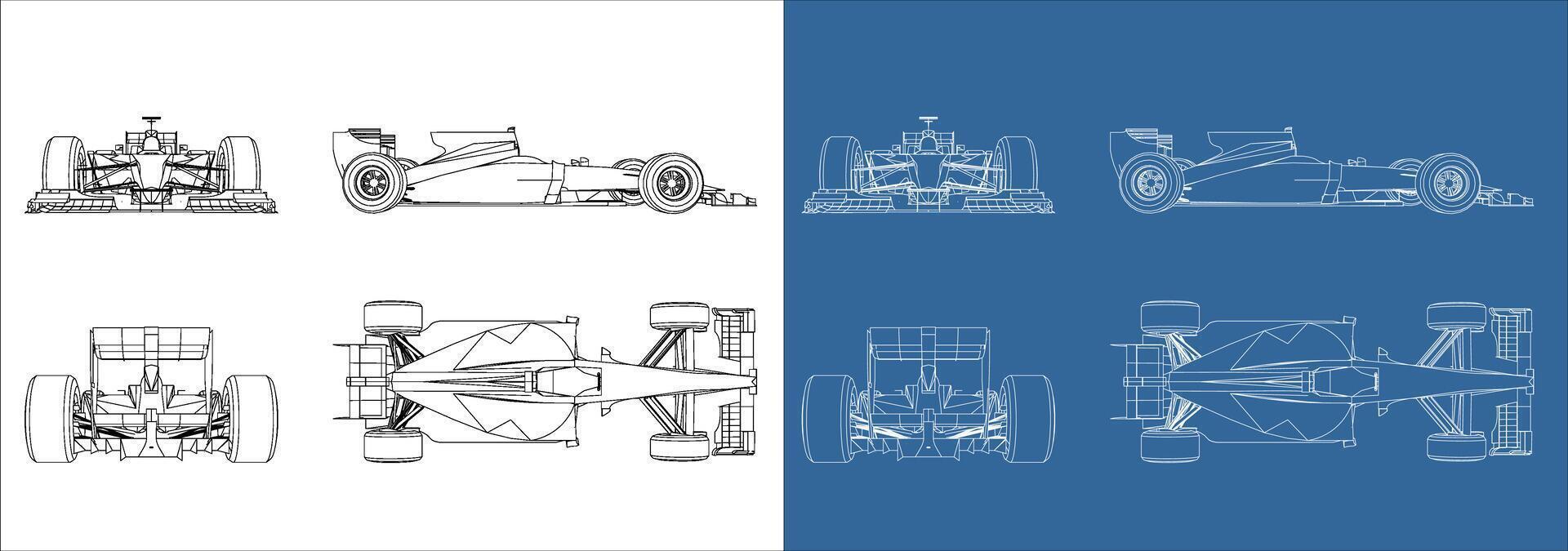 set of racing car line art draw blueprint wireframe from all side view. isolated on transparent background vector