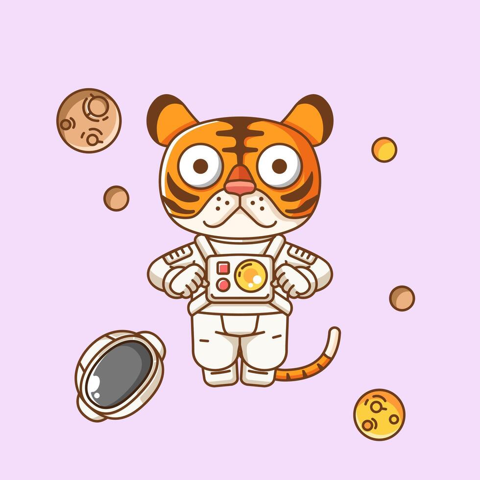 Cute tiger astronaut animal kawaii chibi character mascot illustration outline style design vector