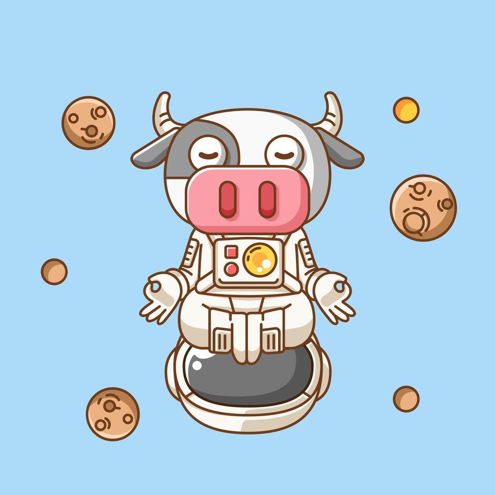 Cute cow astronaut animal kawaii chibi character mascot illustration outline style design vector