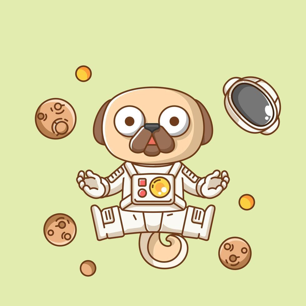 Cute pug dog astronaut animal kawaii chibi character mascot illustration outline style design vector
