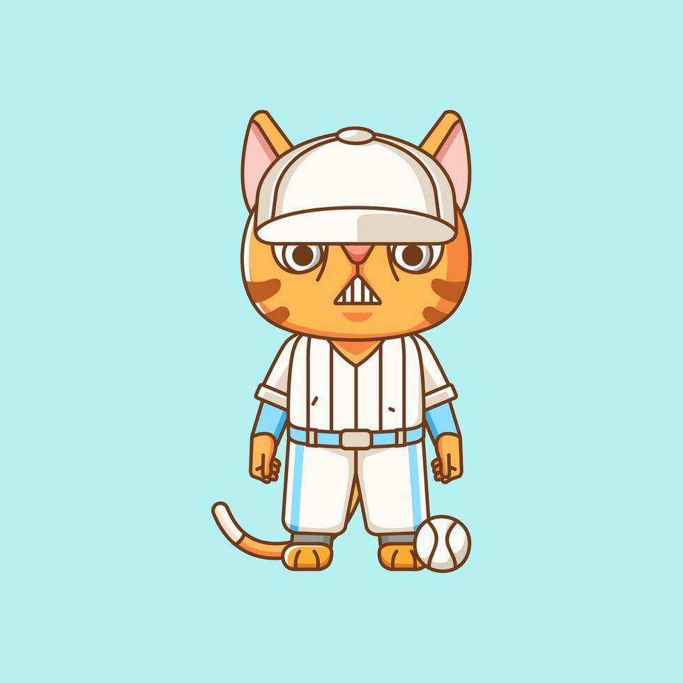 Cute cat Baseball player animal kawaii chibi character mascot illustration outline style design vector