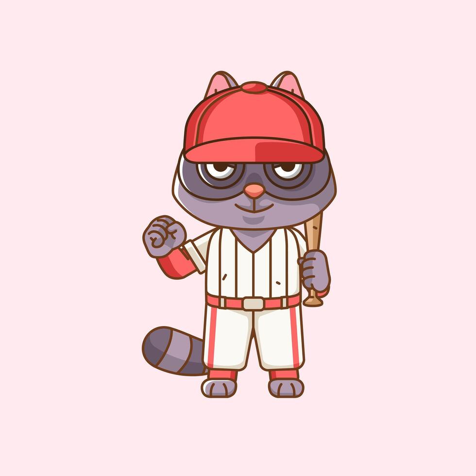 Cute raccoon Baseball player animal kawaii chibi character mascot illustration outline style design vector