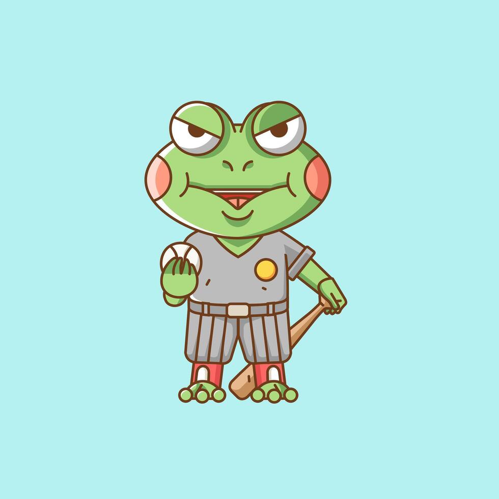 Cute frog Baseball player animal kawaii chibi character mascot illustration outline style design vector