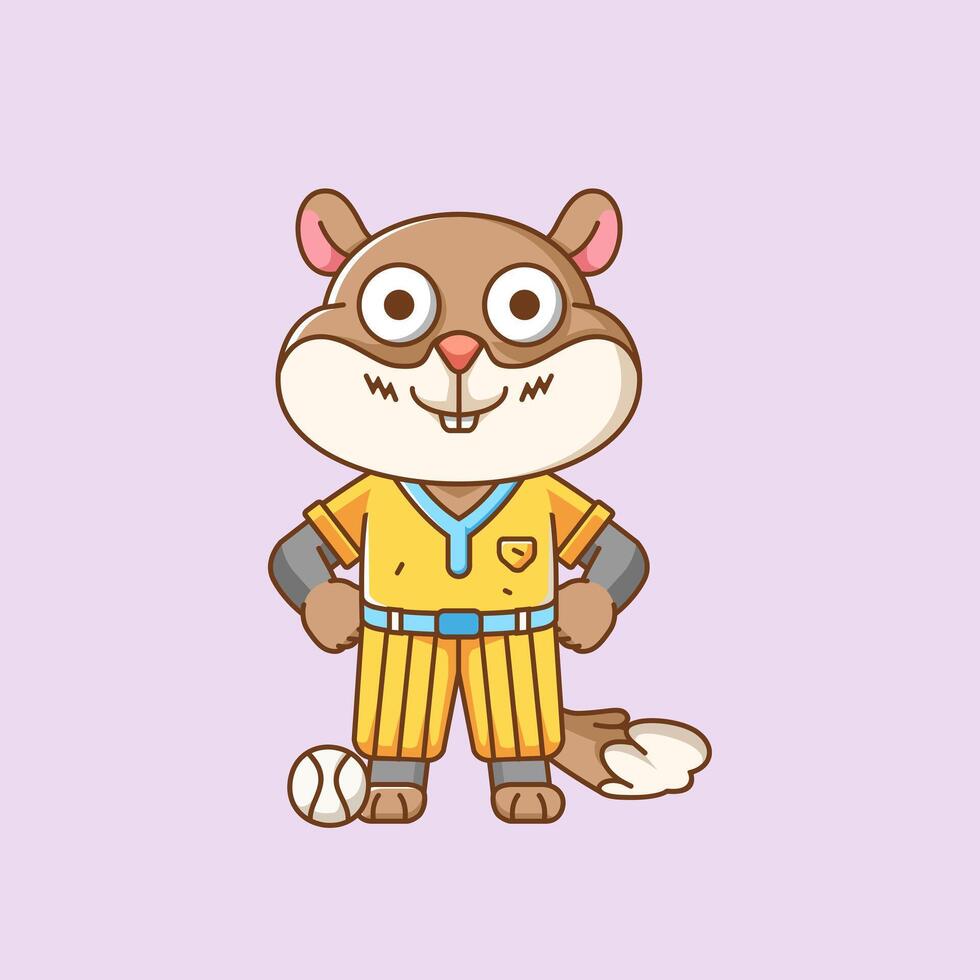 Cute squirrel Baseball player animal kawaii chibi character mascot illustration outline style design vector