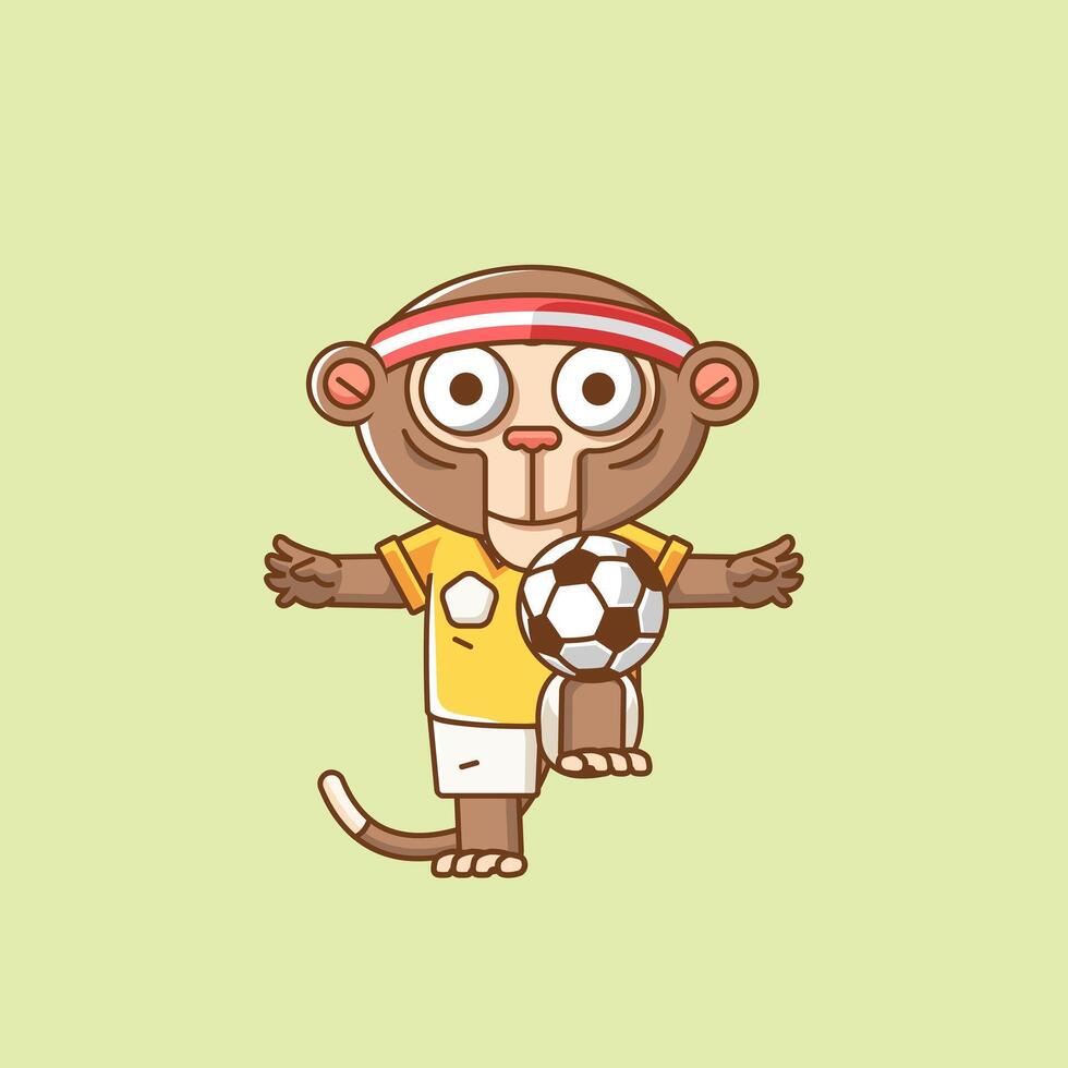 Cute monkey play soccer player animal kawaii chibi character mascot illustration outline style design vector