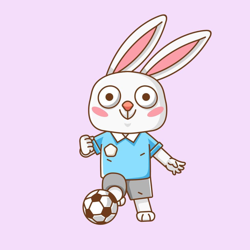 Cute rabbit soccer player animal kawaii chibi character mascot illustration outline style design vector