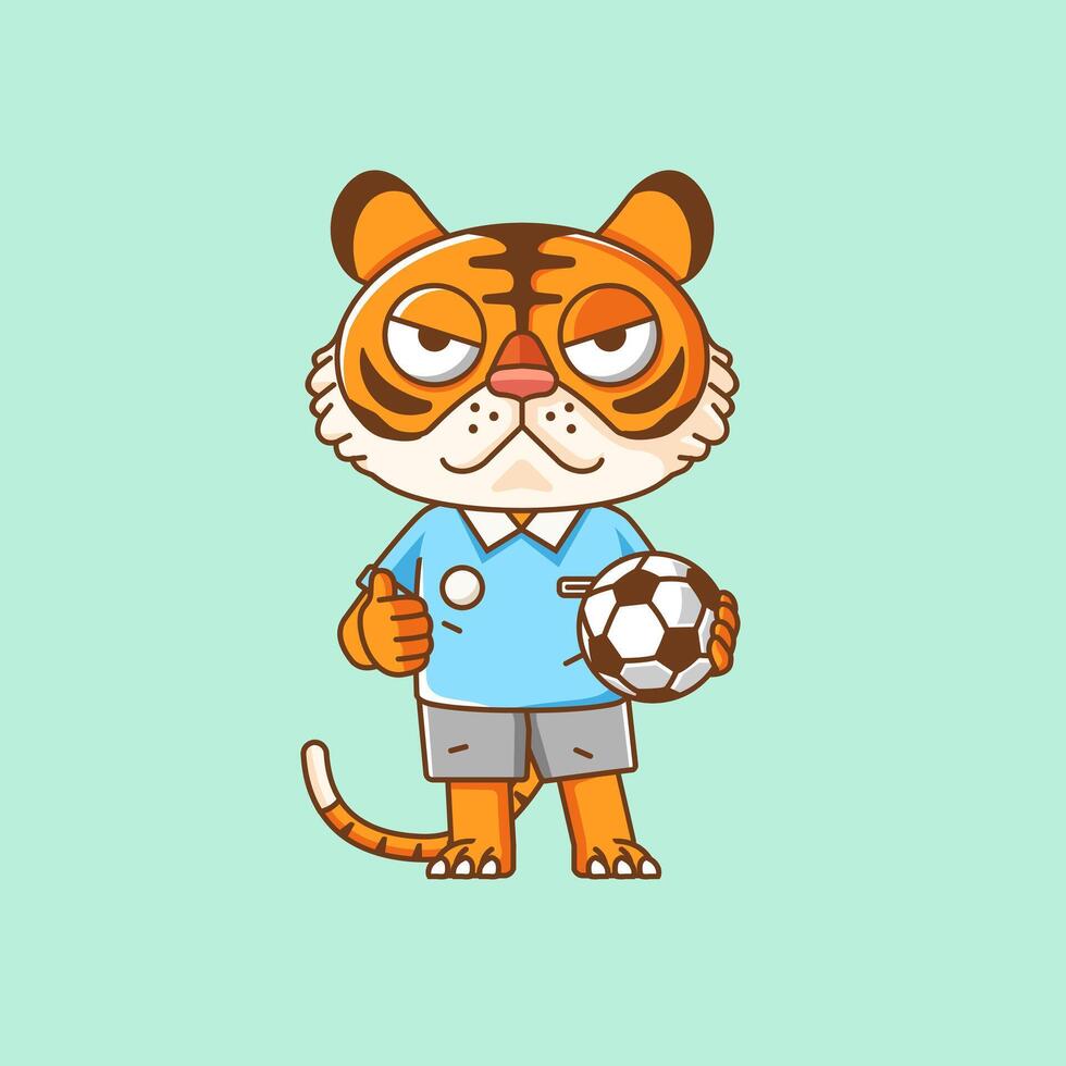 Cute tiger soccer player animal kawaii chibi character mascot illustration outline style design vector