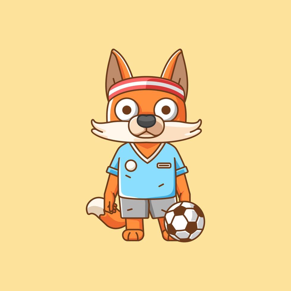 Cute fox soccer player animal kawaii chibi character mascot illustration outline style design vector