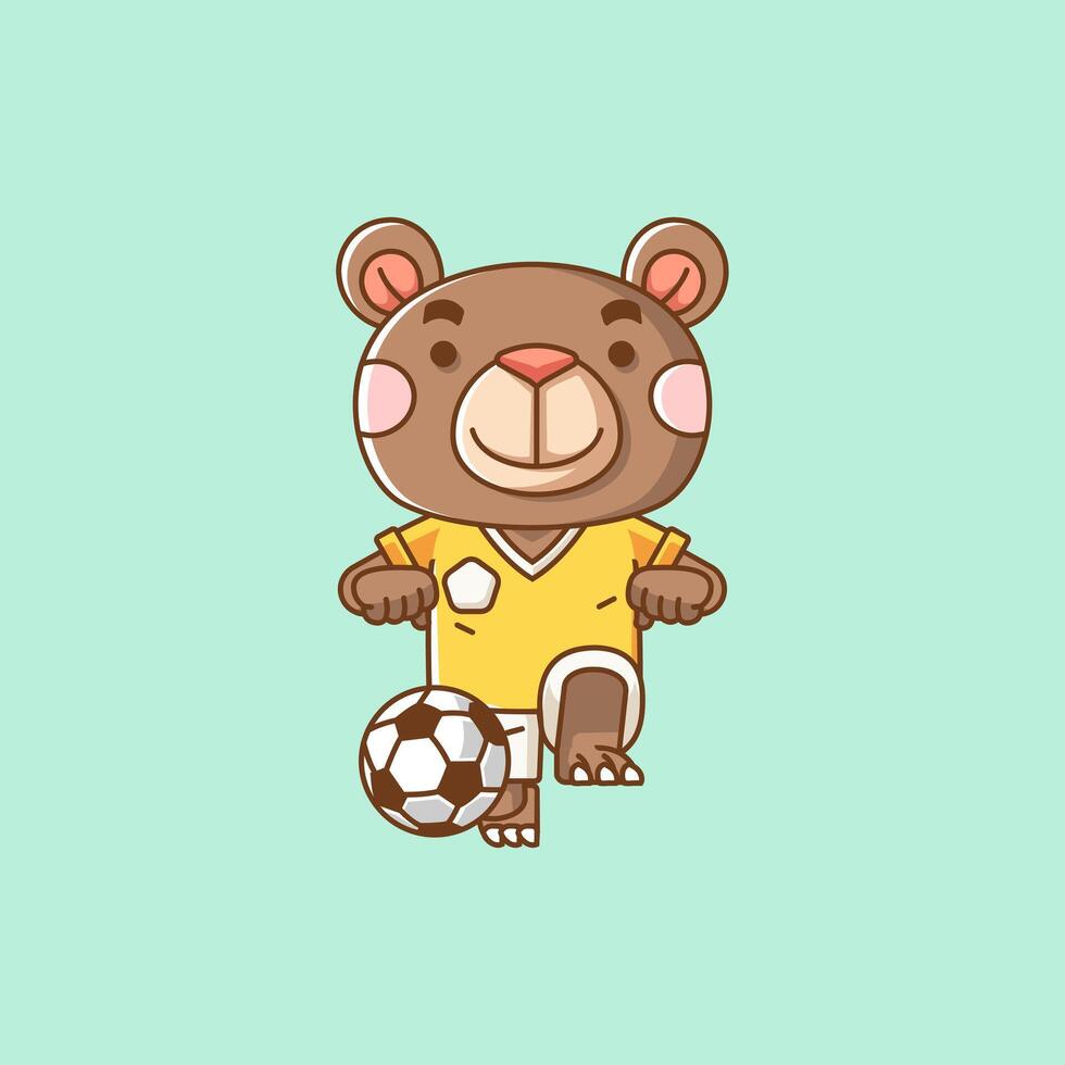 Cute teddy bear soccer player animal kawaii chibi character mascot illustration outline style design vector