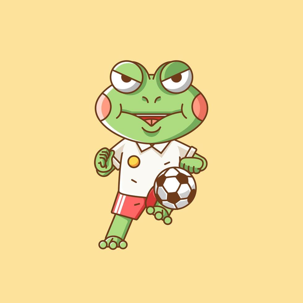 Cute frog soccer player animal kawaii chibi character mascot illustration outline style design vector