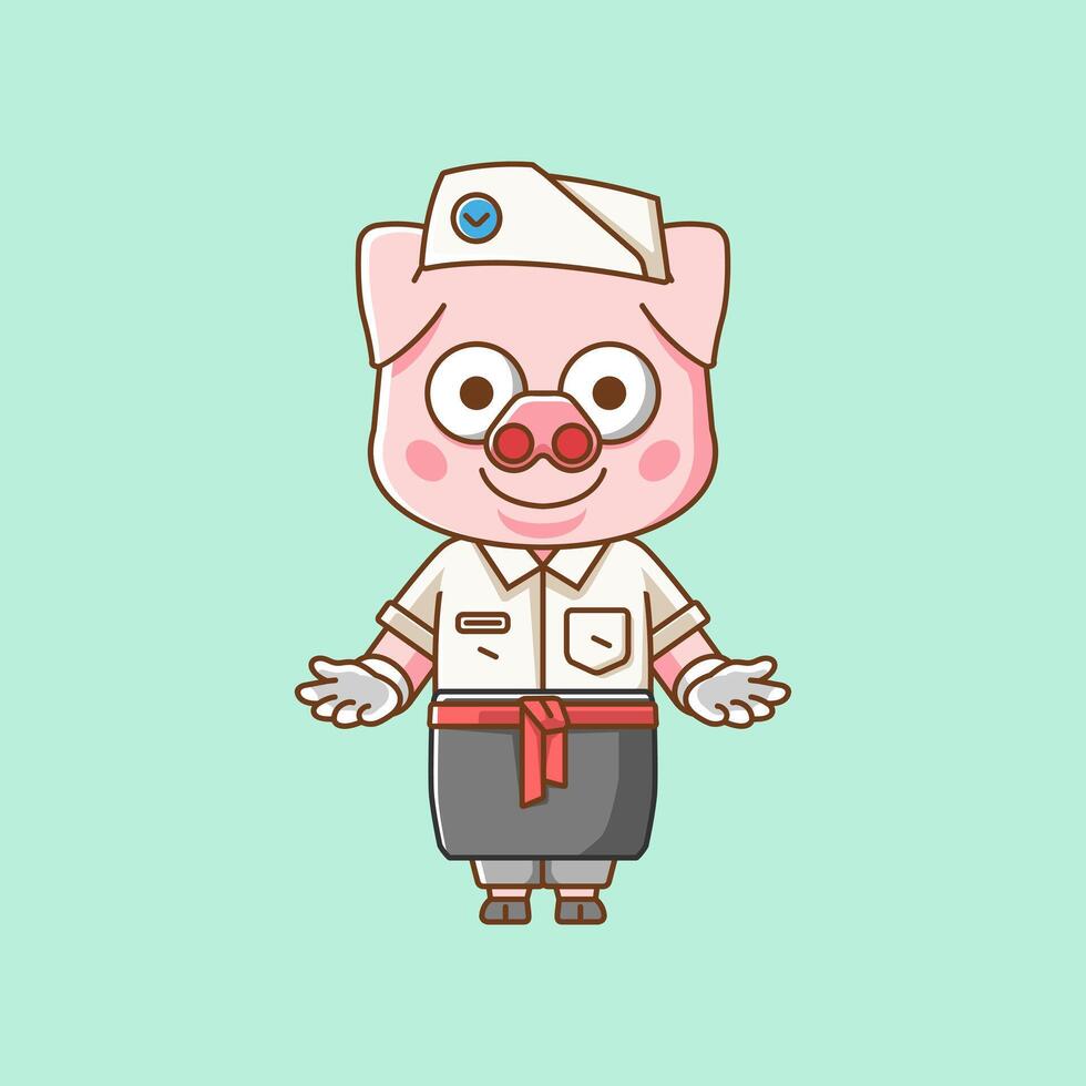 Cute pig waiter animal kawaii chibi character mascot illustration outline style design vector