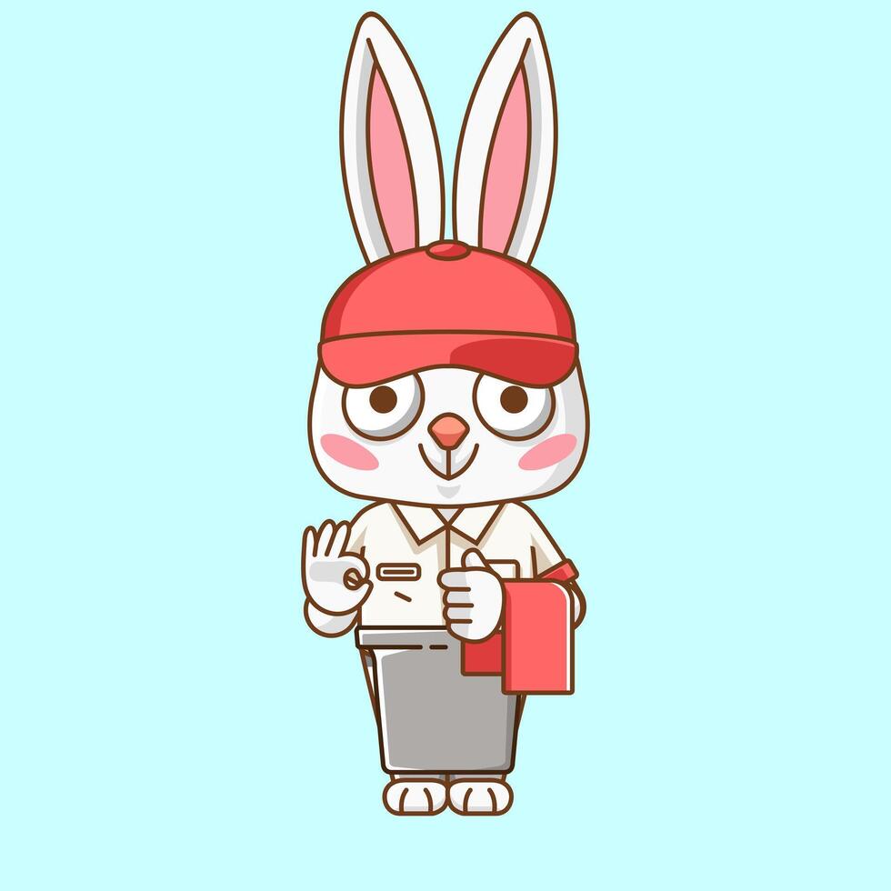 Cute rabbit waiter animal kawaii chibi character mascot illustration outline style design vector