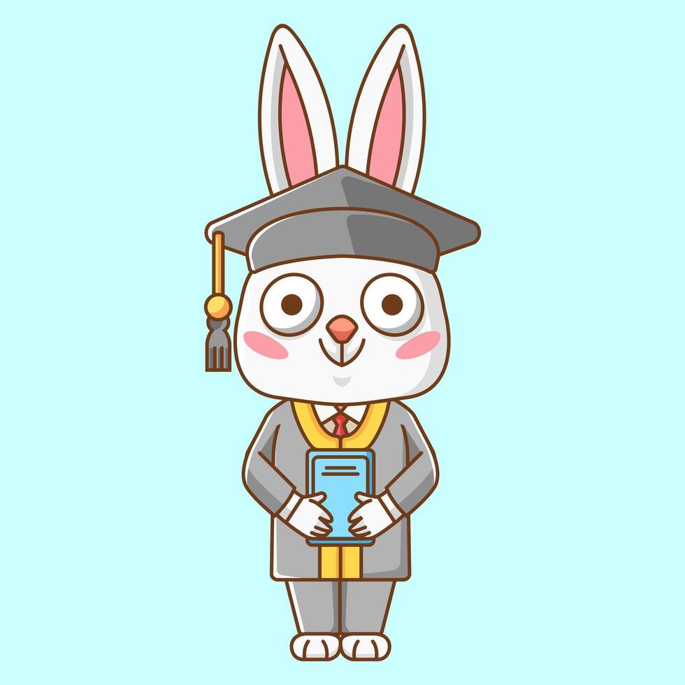 Cute rabbit bunny graduation animal kawaii chibi character mascot illustration outline style design vector