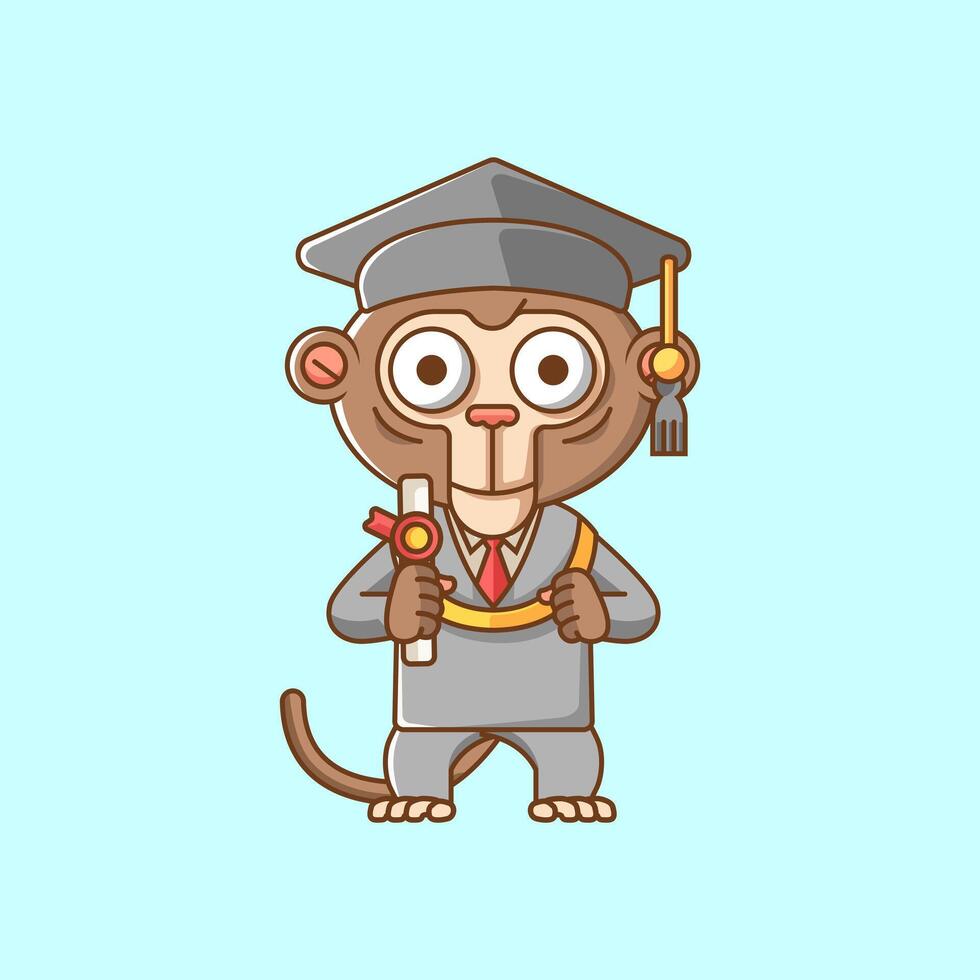 Cute monkey graduation diploma animal kawaii chibi character mascot illustration outline style design vector