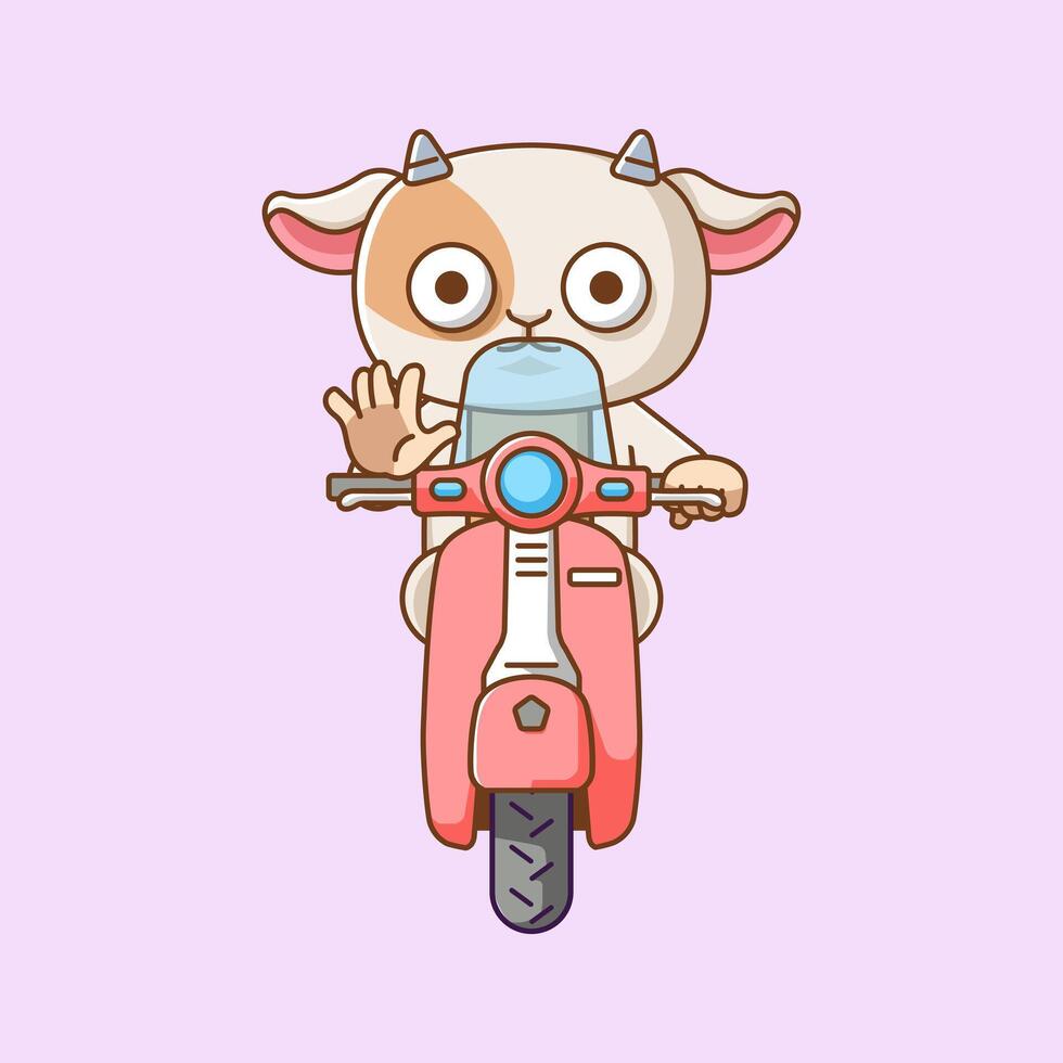 Cute goat riding scooter animal kawaii chibi character mascot illustration outline style design vector