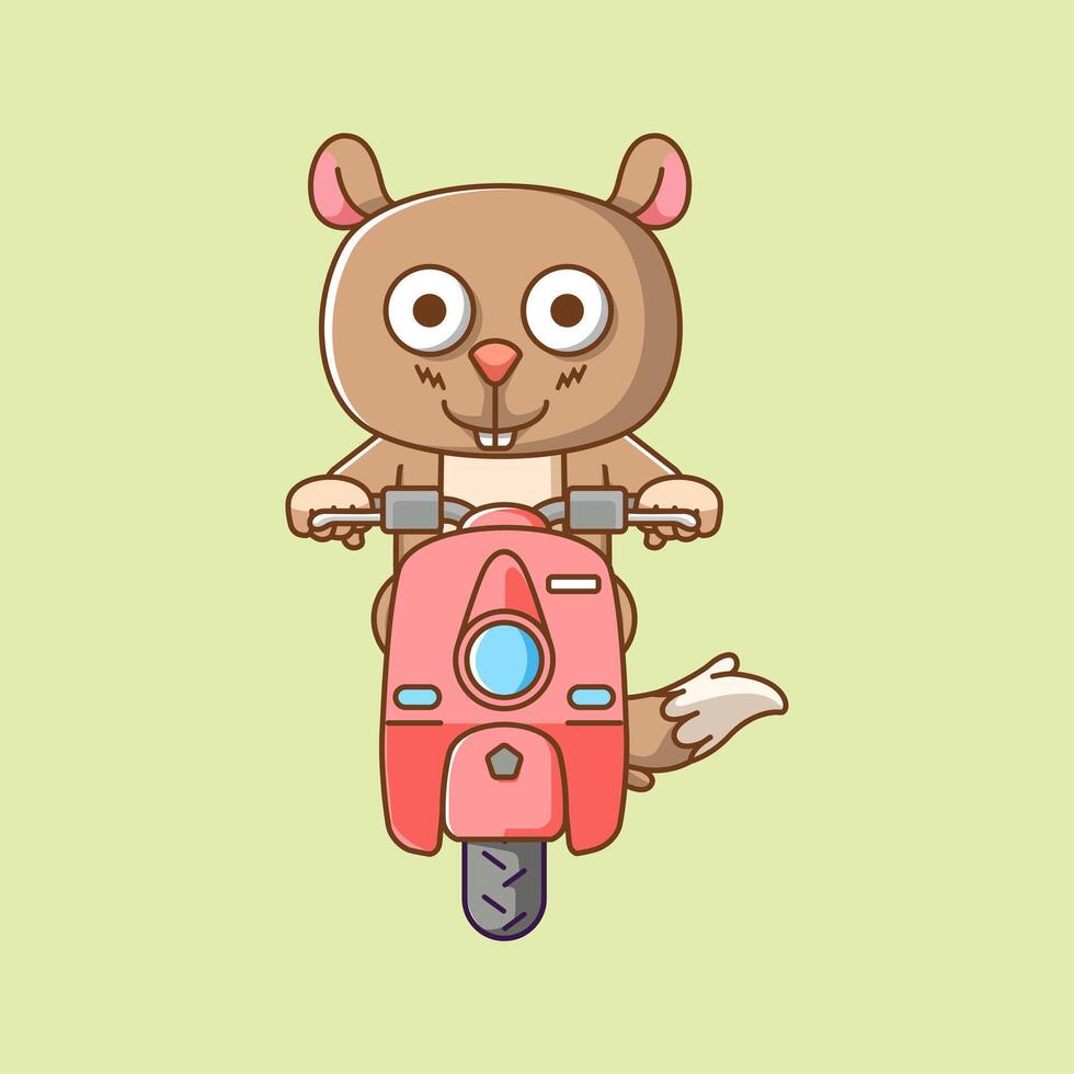 Cute squirrel riding scooter animal kawaii chibi character mascot illustration outline style design vector